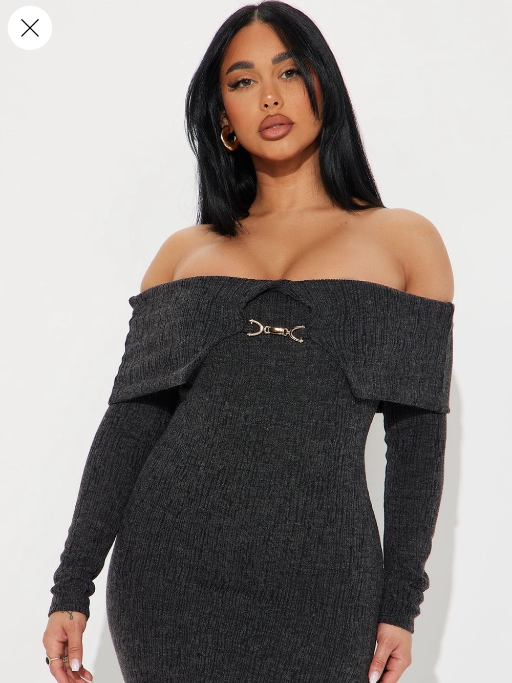 Fashion Nova Off-Shoulder Ribbed Maxi Dress - Charcoal - Picture 2 of 3